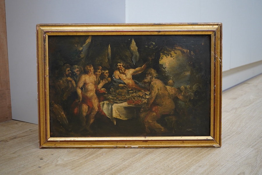 After Peter Paul Rubens (Flemish, 1577-1640), oil on board, ‘The Last Supper’, 31 x 50cm, inscribed verso. Condition - fair